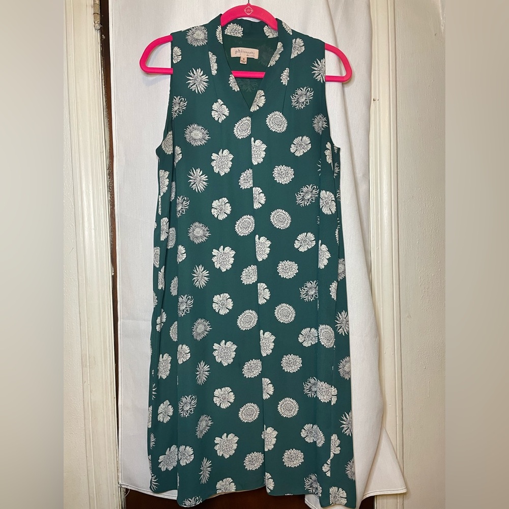 Philosophy Teal Green with White Tropical/Floral Midi Shift Dress Size M